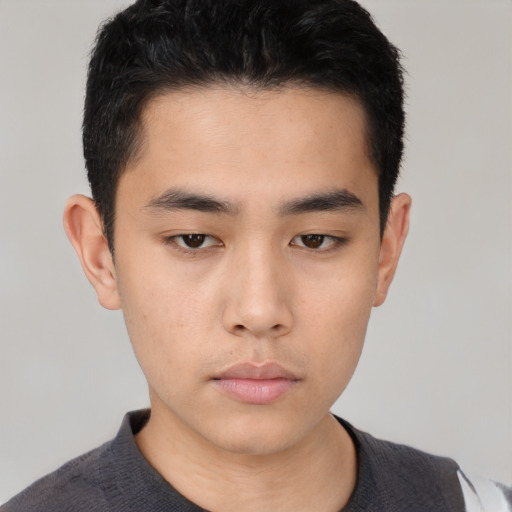 Neutral asian young-adult male with short  black hair and brown eyes