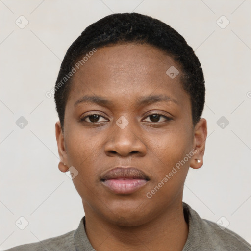 Neutral black young-adult female with short  black hair and brown eyes