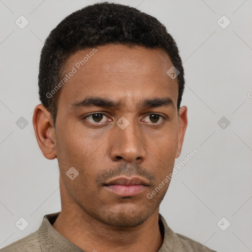 Neutral latino young-adult male with short  black hair and brown eyes