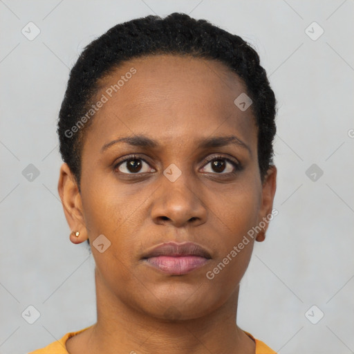 Neutral black young-adult female with short  black hair and brown eyes