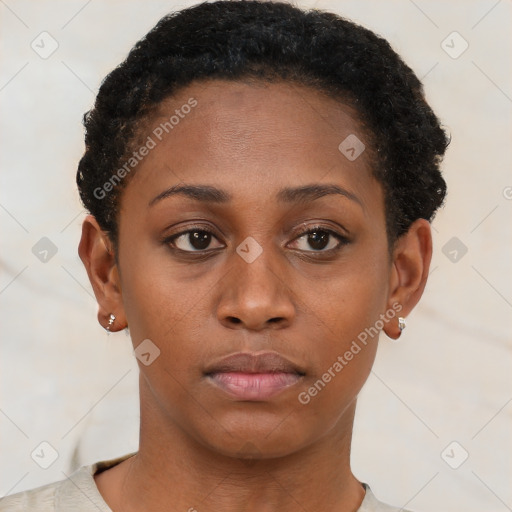 Neutral black young-adult female with short  brown hair and brown eyes