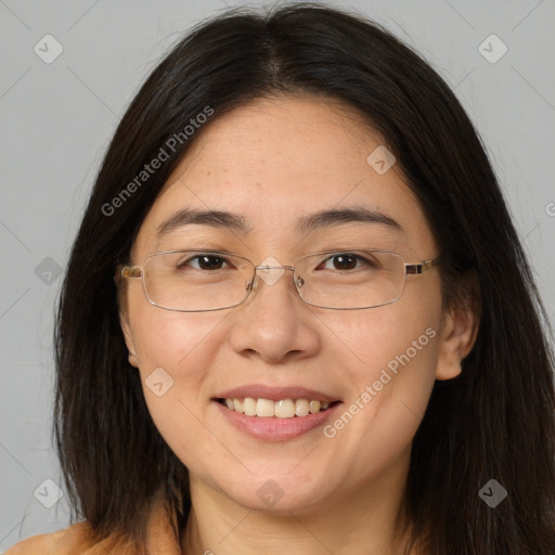 Joyful white young-adult female with long  brown hair and brown eyes