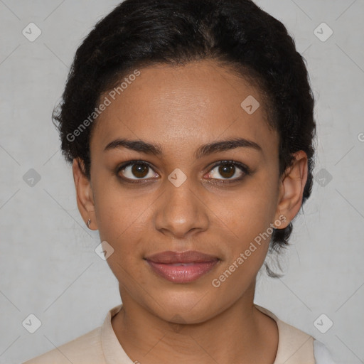 Joyful latino young-adult female with short  brown hair and brown eyes