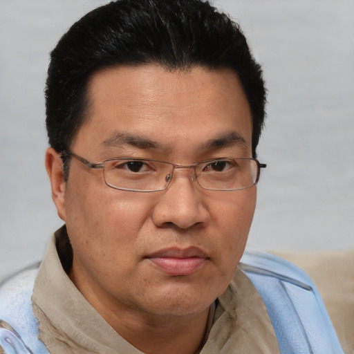 Neutral asian adult male with short  brown hair and brown eyes