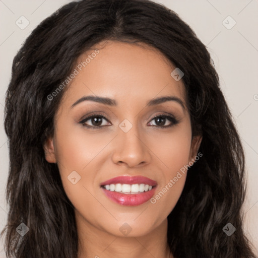 Joyful latino young-adult female with long  brown hair and brown eyes