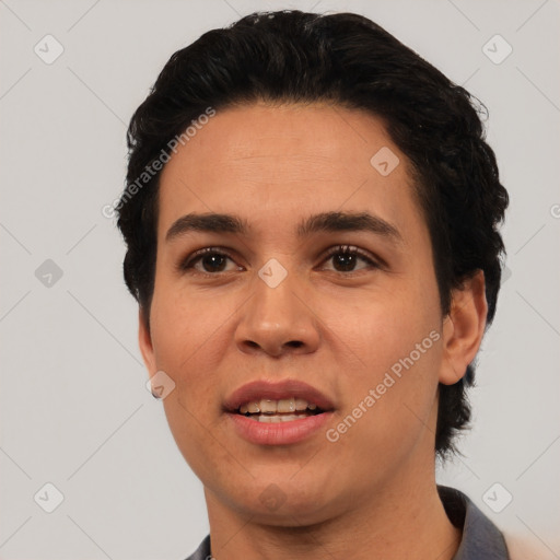 Joyful white young-adult female with short  black hair and brown eyes