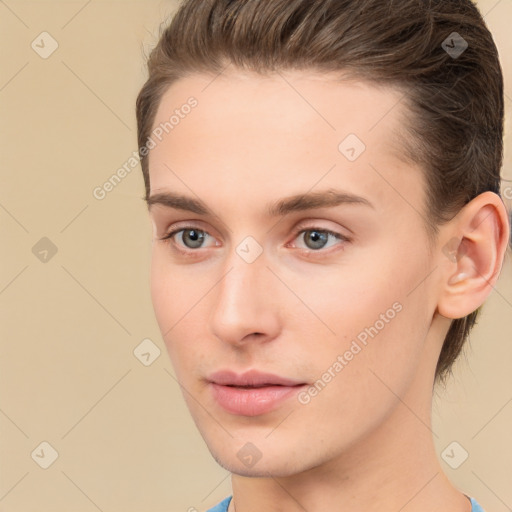 Neutral white young-adult male with short  brown hair and brown eyes