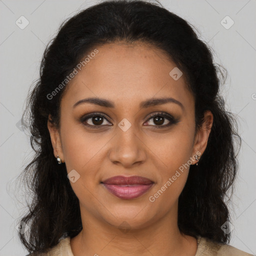 Joyful latino young-adult female with long  brown hair and brown eyes