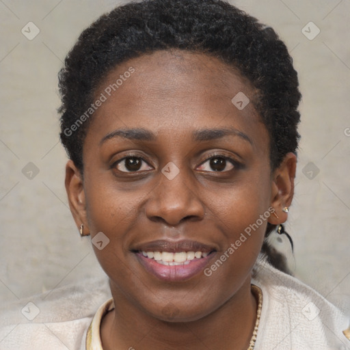 Joyful black young-adult female with short  brown hair and brown eyes