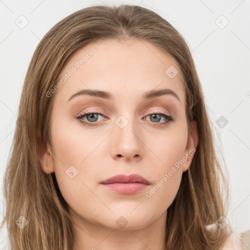 Neutral white young-adult female with long  brown hair and grey eyes