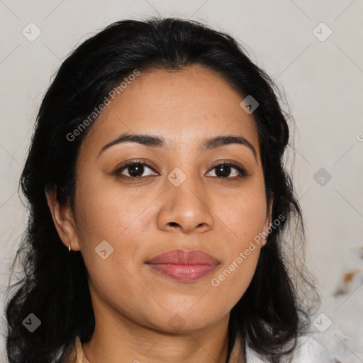 Joyful latino young-adult female with medium  brown hair and brown eyes