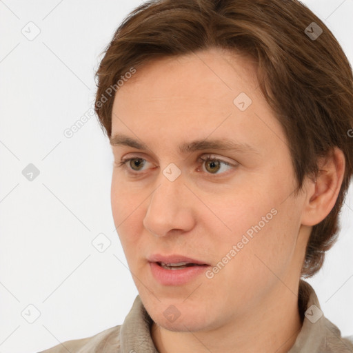 Joyful white adult female with short  brown hair and brown eyes