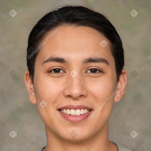 Joyful white young-adult female with short  brown hair and brown eyes