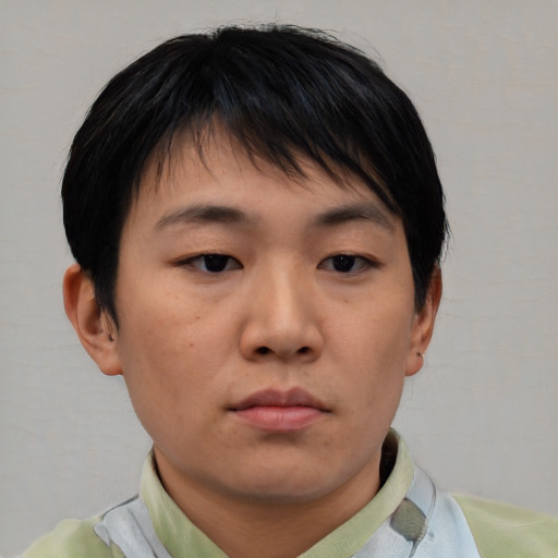 Neutral asian young-adult male with short  black hair and brown eyes
