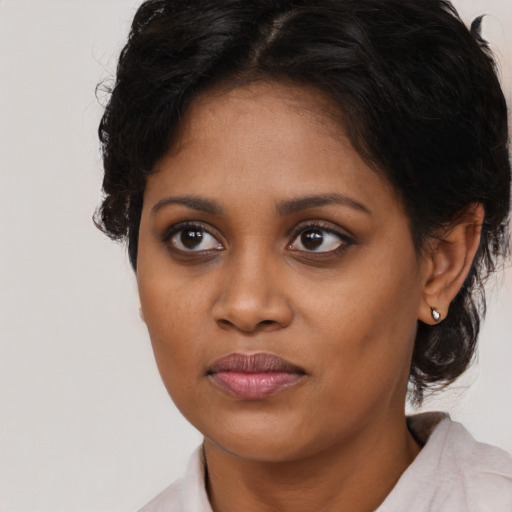 Joyful black young-adult female with medium  brown hair and brown eyes