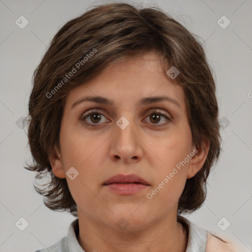 Neutral white young-adult female with medium  brown hair and brown eyes