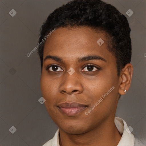 Joyful black young-adult female with short  brown hair and brown eyes