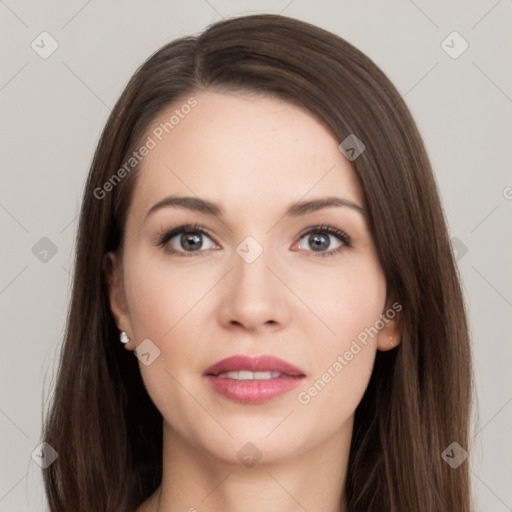 Neutral white young-adult female with long  brown hair and brown eyes