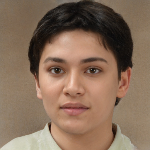 Neutral white young-adult female with short  brown hair and brown eyes