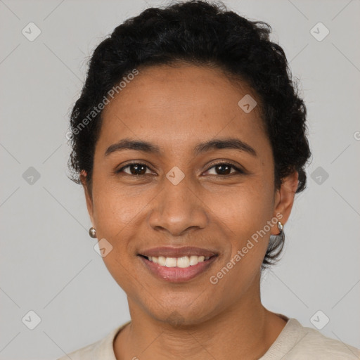 Joyful latino young-adult female with short  black hair and brown eyes