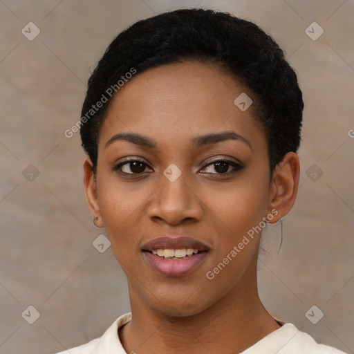 Joyful latino young-adult female with short  black hair and brown eyes