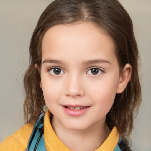 Joyful white child female with medium  brown hair and brown eyes