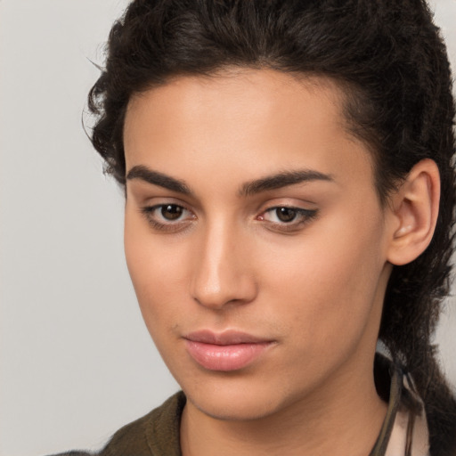 Neutral white young-adult female with medium  brown hair and brown eyes