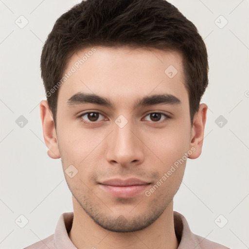 Neutral white young-adult male with short  brown hair and brown eyes