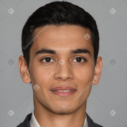 Joyful latino young-adult male with short  black hair and brown eyes