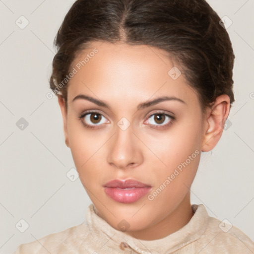 Neutral white young-adult female with short  brown hair and brown eyes