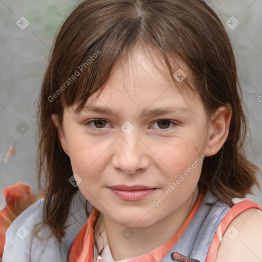 Joyful white child female with medium  brown hair and brown eyes