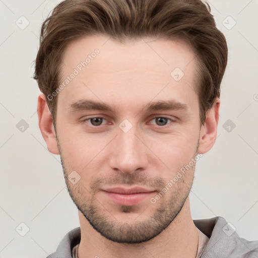 Neutral white young-adult male with short  brown hair and grey eyes