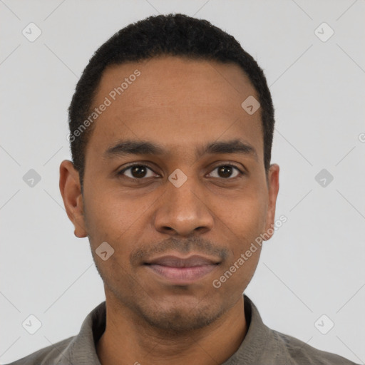 Neutral latino young-adult male with short  black hair and brown eyes