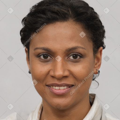 Joyful latino young-adult female with short  brown hair and brown eyes