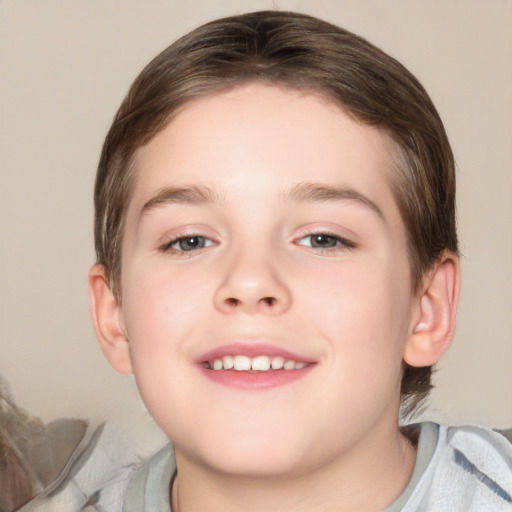 Joyful white child female with short  brown hair and brown eyes