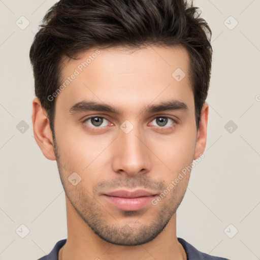 Neutral white young-adult male with short  brown hair and brown eyes