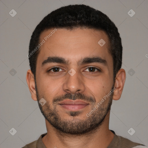 Neutral latino young-adult male with short  brown hair and brown eyes
