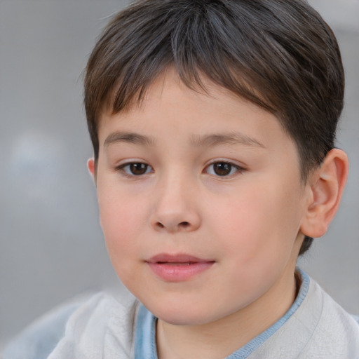 Joyful white child female with short  brown hair and brown eyes