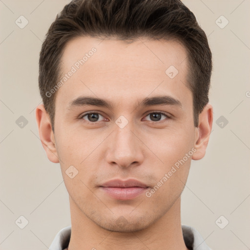 Neutral white young-adult male with short  brown hair and brown eyes