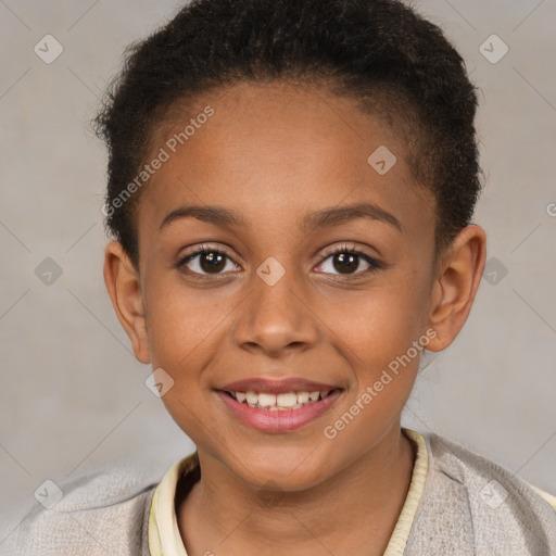 Joyful white child female with short  brown hair and brown eyes