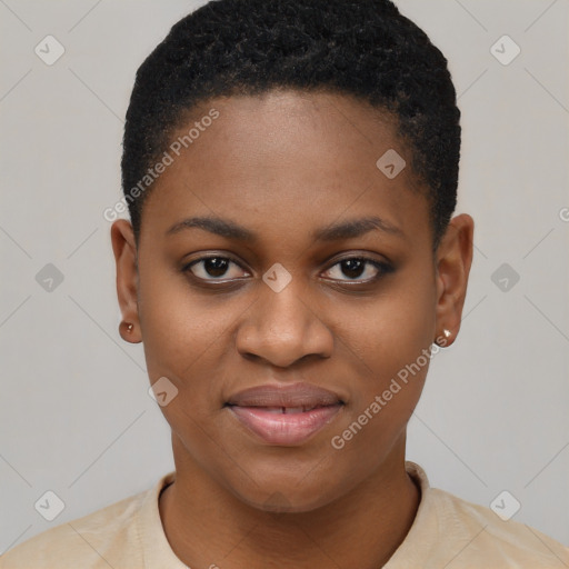 Joyful black young-adult female with short  black hair and brown eyes