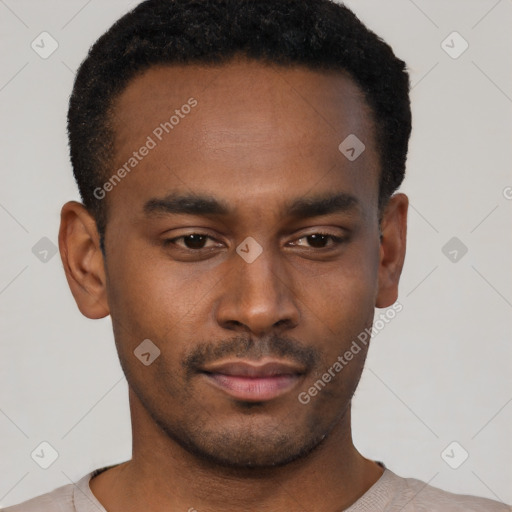 Neutral black young-adult male with short  black hair and brown eyes