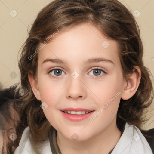 Joyful white child female with medium  brown hair and brown eyes