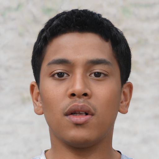 Neutral asian young-adult male with short  black hair and brown eyes