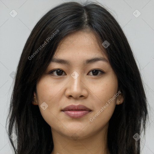 Joyful asian young-adult female with long  brown hair and brown eyes