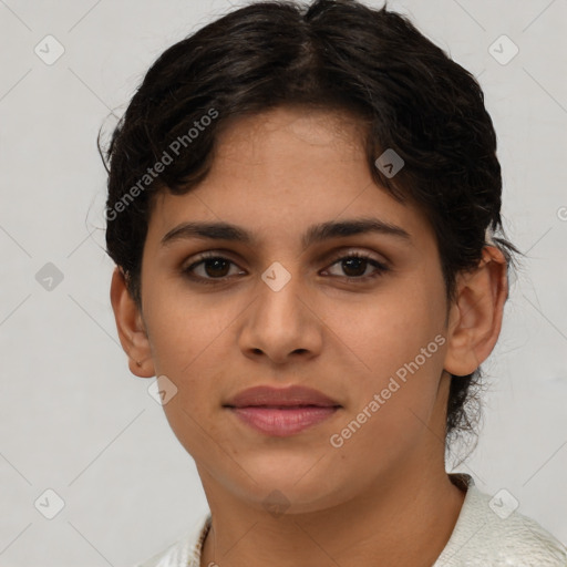 Joyful latino young-adult female with short  brown hair and brown eyes