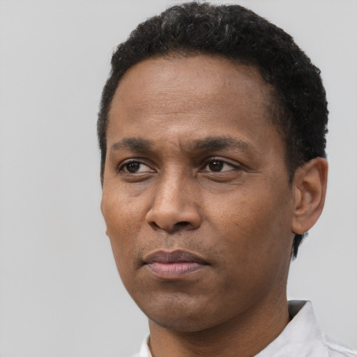 Neutral black adult male with short  black hair and brown eyes