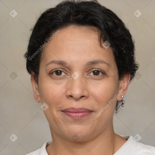 Joyful white adult female with short  brown hair and brown eyes