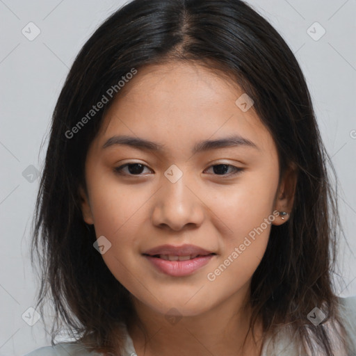 Joyful asian young-adult female with long  brown hair and brown eyes