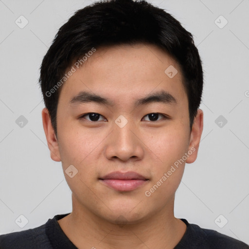 Neutral asian young-adult male with short  black hair and brown eyes